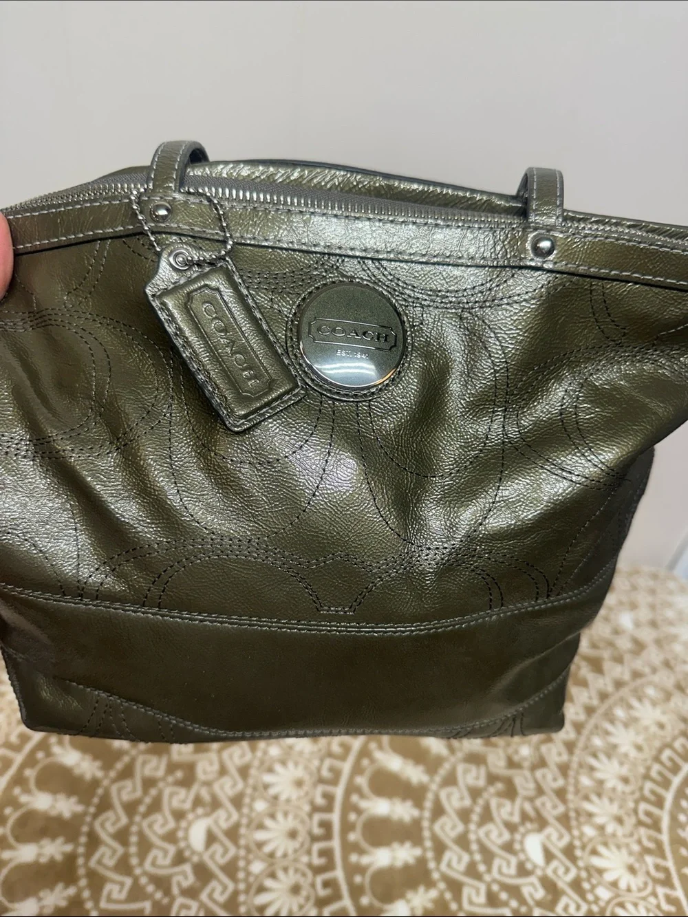 COACH Olive Leather Tote with Signature Charm